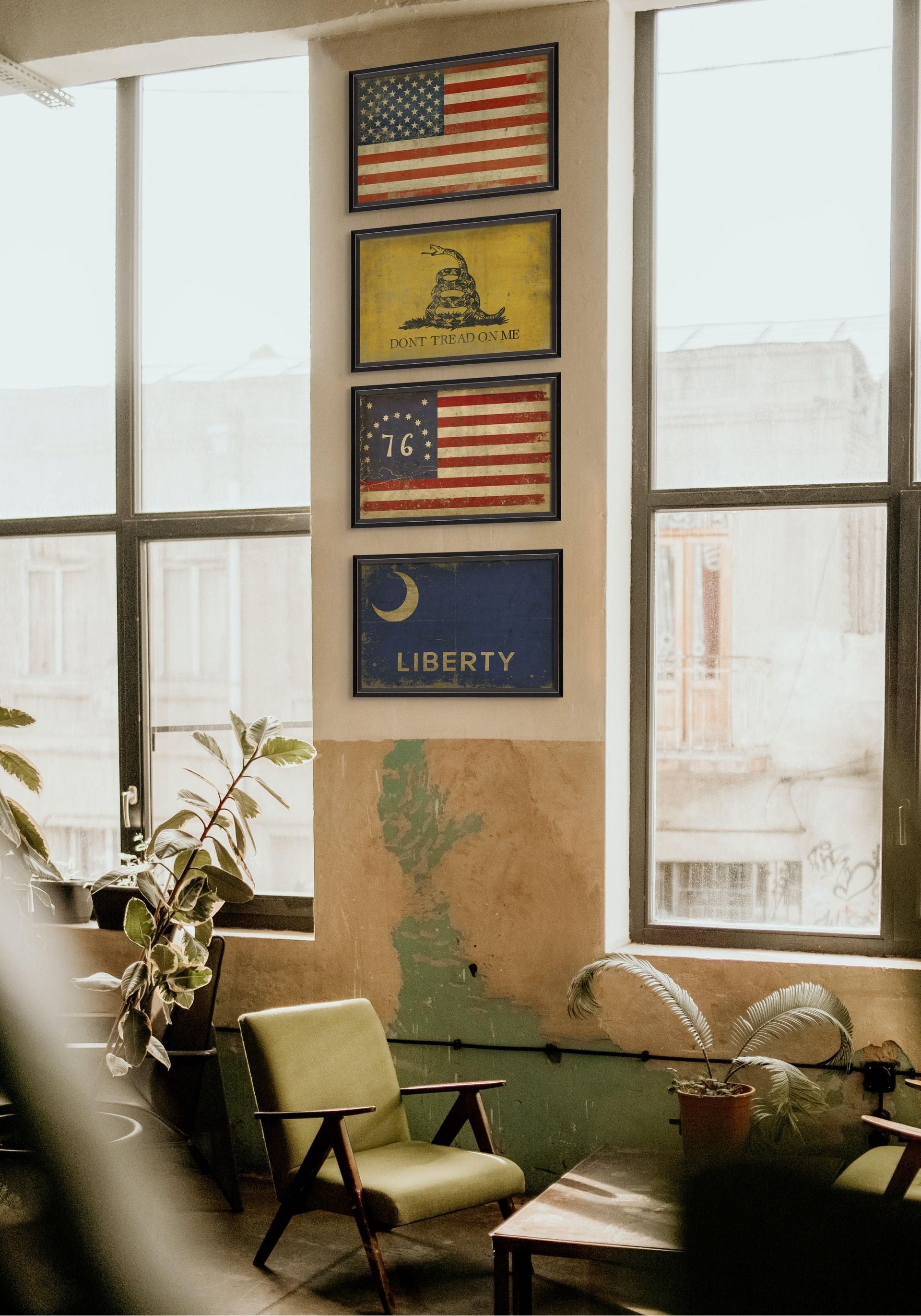 Four vintage American flags displayed vertically - Liberty Flag, Gadsden Flag, Bennington 1776 Flag, and 50-star flag - NeuroArt framed art collection - patriotic home decor - Made in USA by Interior Mojo