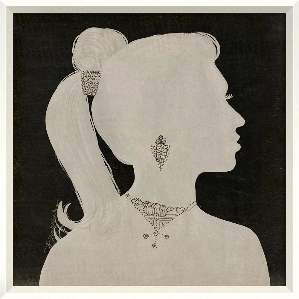 Lady Silhouette Art 1 - White Profile Bold Jewelry on Black - 25x25 Signed Edition by Kolene Spicher