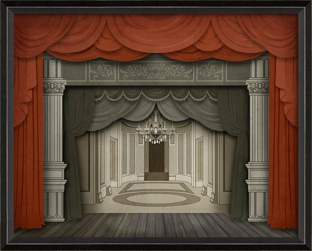 A framed print of a theater stage with red curtains and a elaborate proscenium arch, sized small.