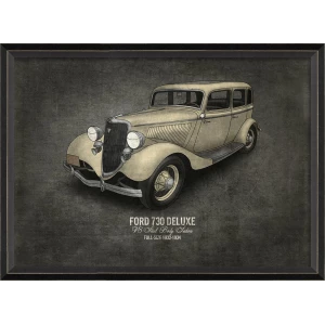 A series of framed iconic car illustrations displayed on a wall above a cabinet with a turntable and books. The illustrations depict various classic and luxury cars.