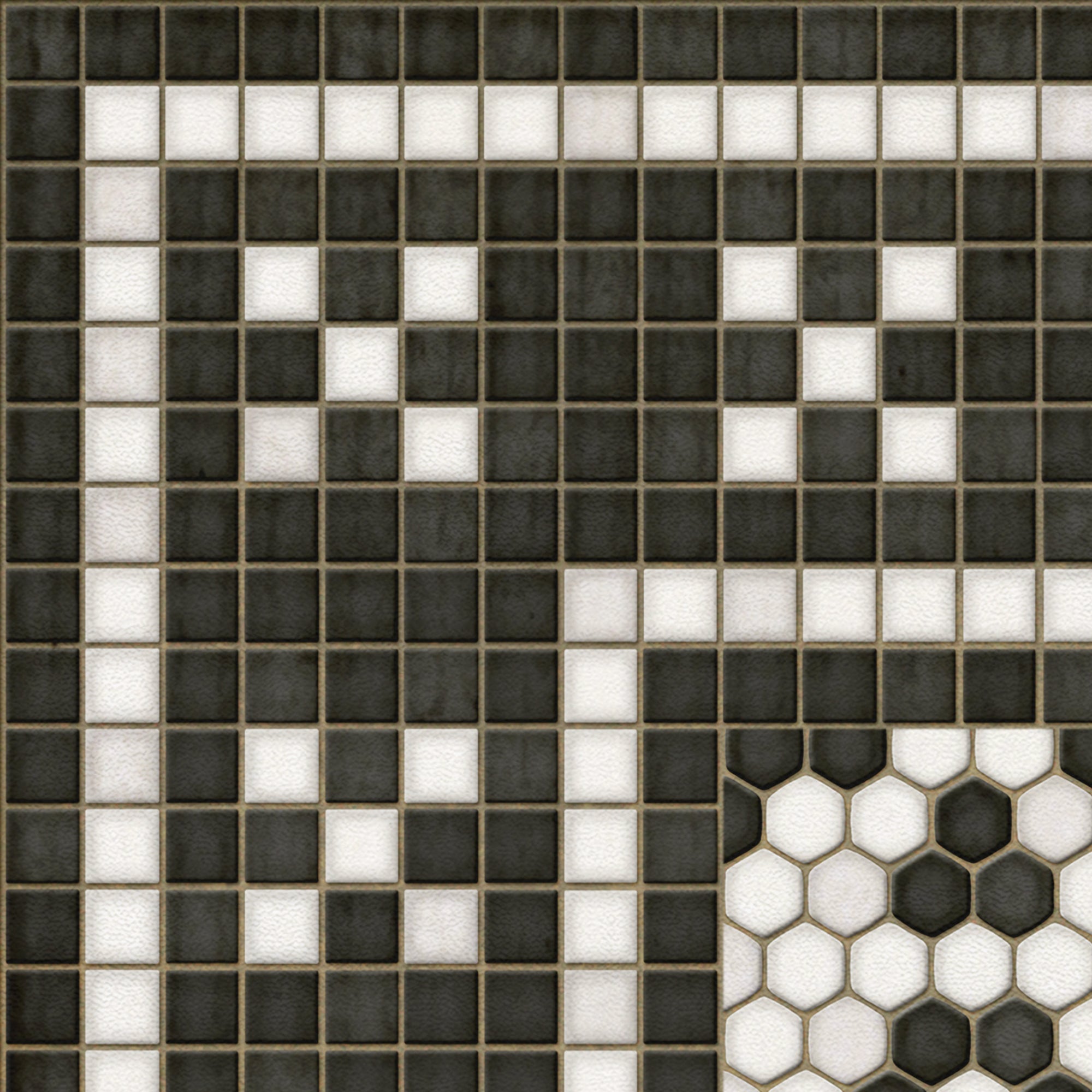 Mosaic pattern of black and white tiles