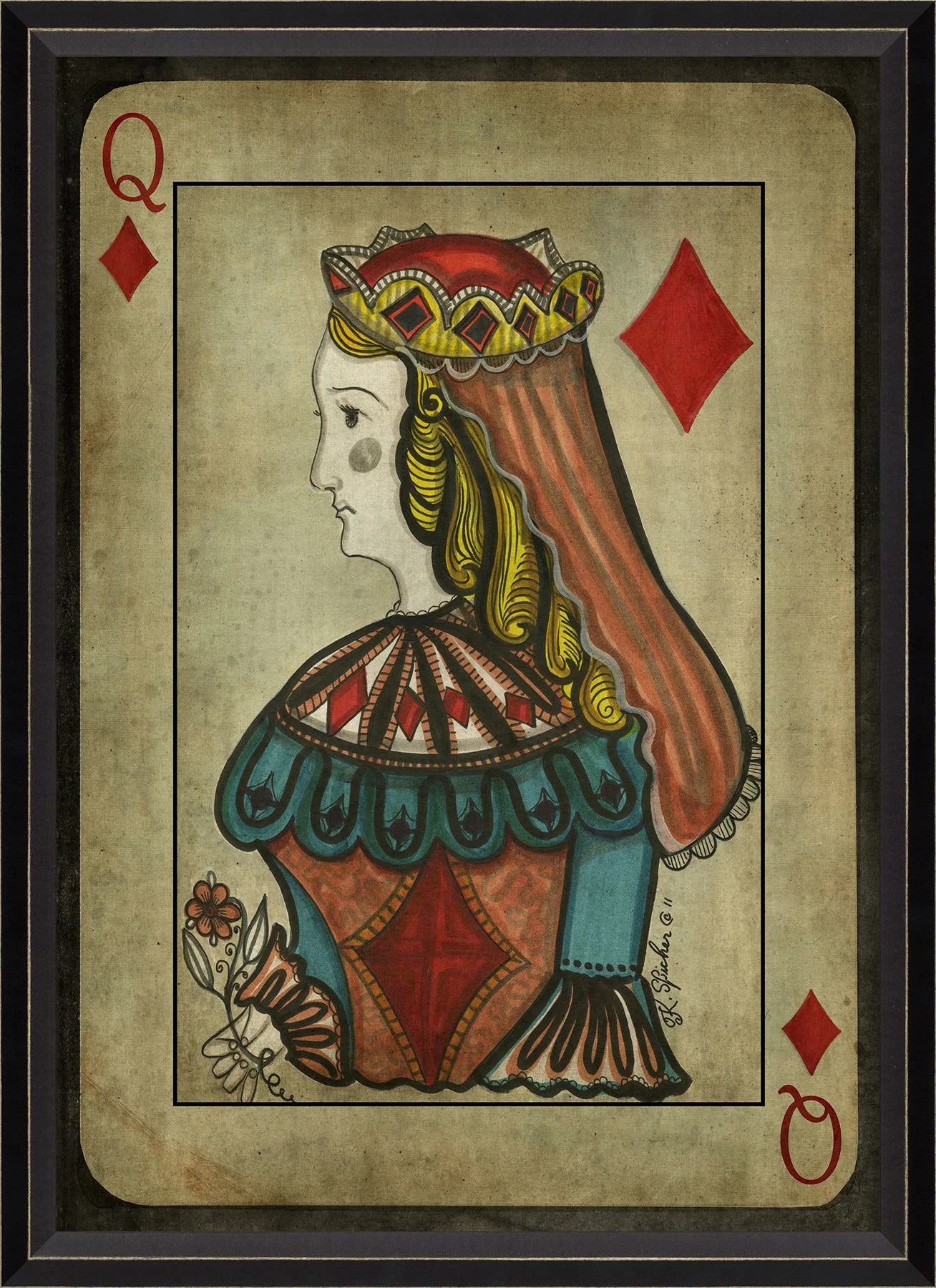 An expertly framed artwork depicting a stylized queen figure inspired by classic playing card designs.