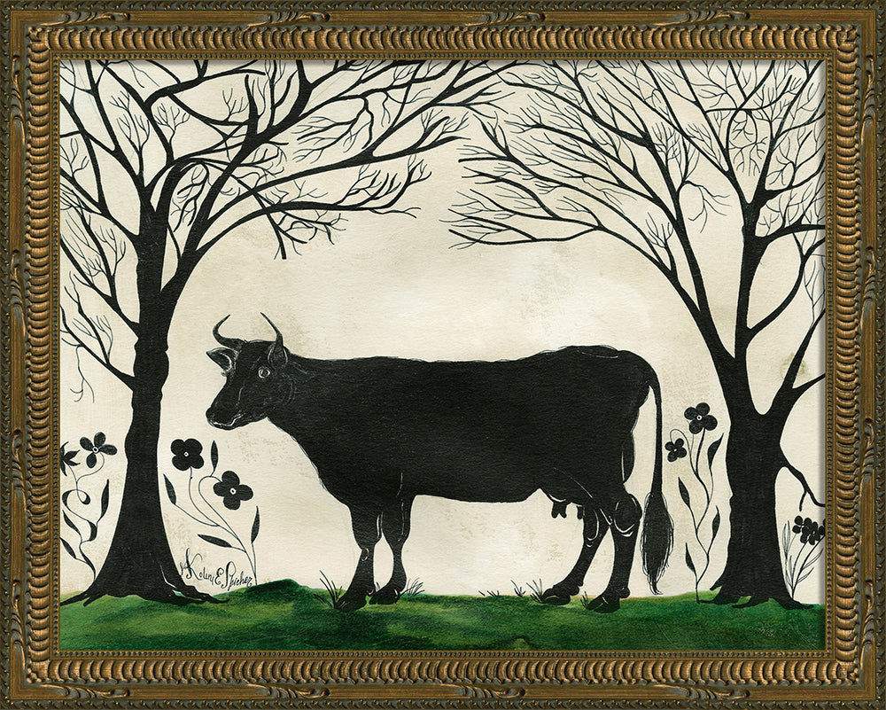 Cow Silhouette Art Facing Left, small 12.5 x 15.5 inches, signed by Kolene Spicher — heirloom quality neuroaesthetic wall art, made in USA | Interior Mojo