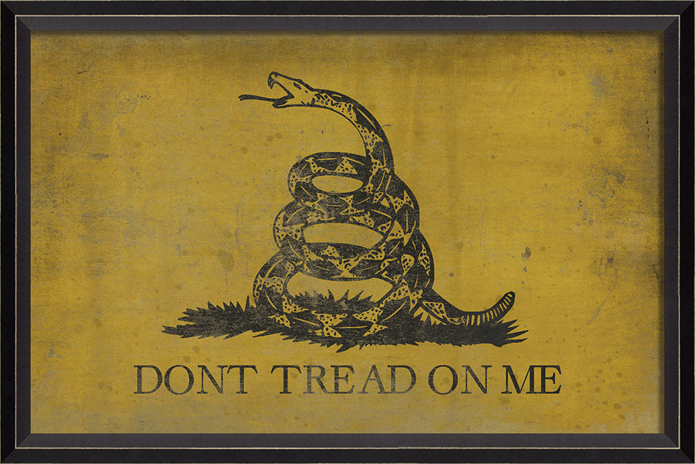 Gadsden Don't Tread on Me Flag Art Rattlesnake by Interior Mojo - Framed wall art featuring vintage yellow background with coiled rattlesnake and Don't Tread on Me motto - Heritage gift celebrating American independence and Revolutionary pride - Made in USA