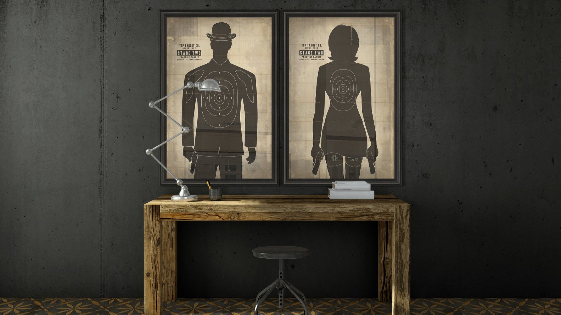 Two framed silhouette art pieces of a man and a woman silhouette holding guns with a target on their chest.