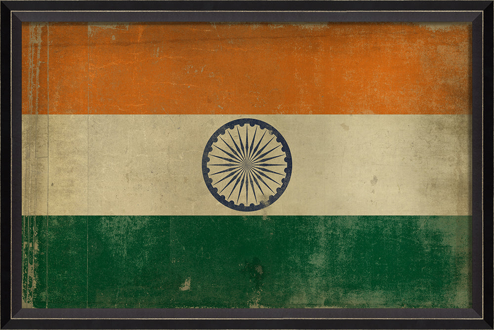 Indian Flag Art Ashoka Chakra by Interior Mojo - Framed wall art featuring vintage saffron, white, and green horizontal stripes with Ashoka Chakra wheel - Heritage gift celebrating Indian culture and South Asian pride - Made in USA