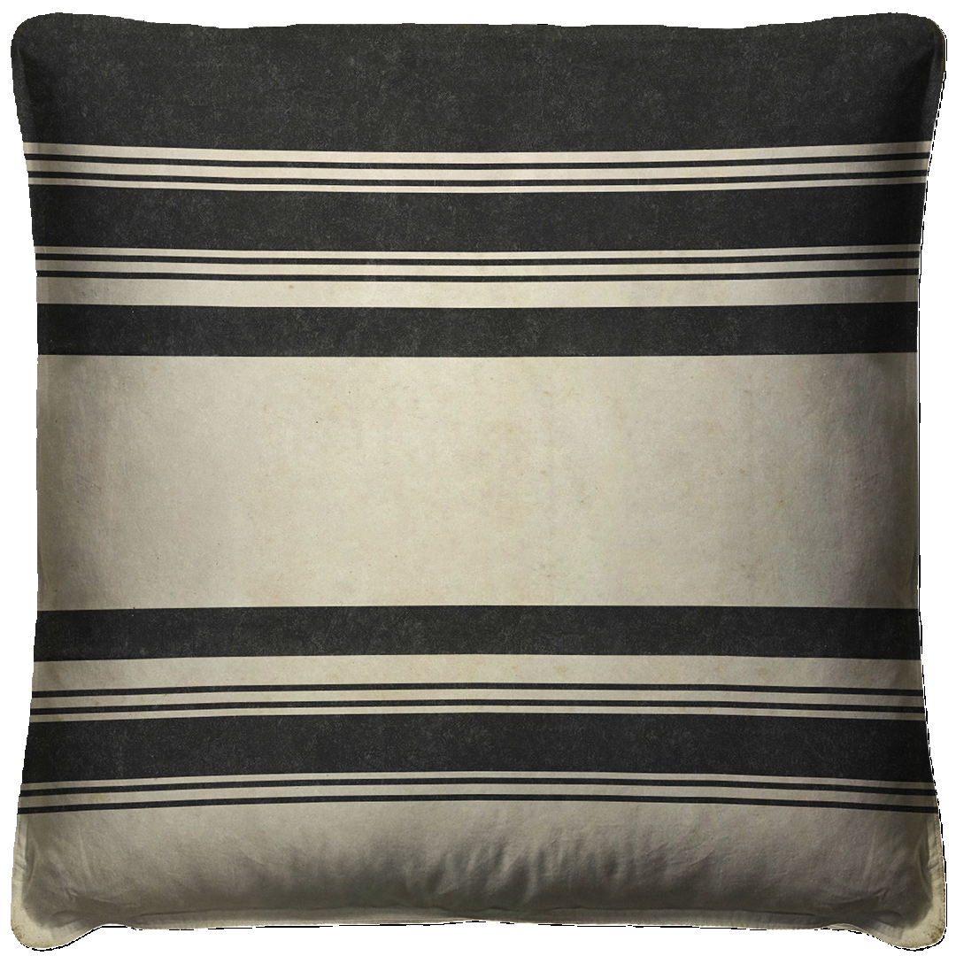 A striped throw pillow with black and beige colors, designed with a vintage pattern.