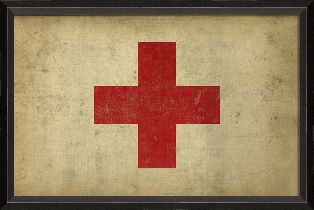 "Red Cross Flag Art Humanitarian Symbol by Interior Mojo - Framed wall art featuring vintage red cross on vintage white background - Heritage gift celebrating humanitarian service and global compassion - Made in USA"