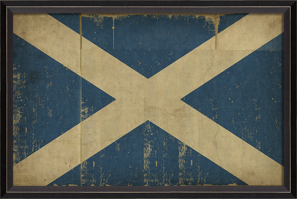 Vintage Scottish Flag Art with a blue background and beige cross, framed in black from Interior Mojo.