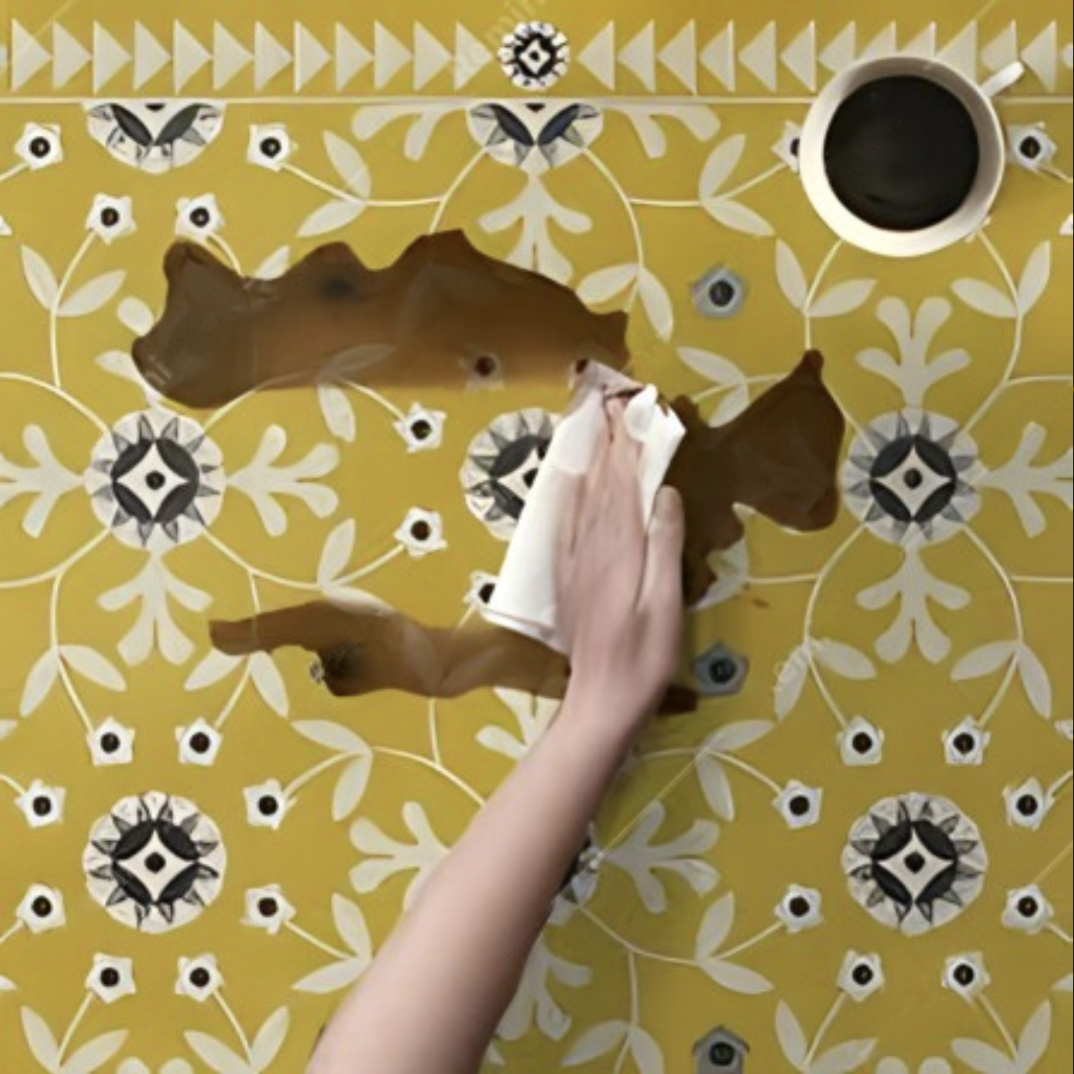Womens hand washing up a coffee spill from a yellow washable vinyl rug