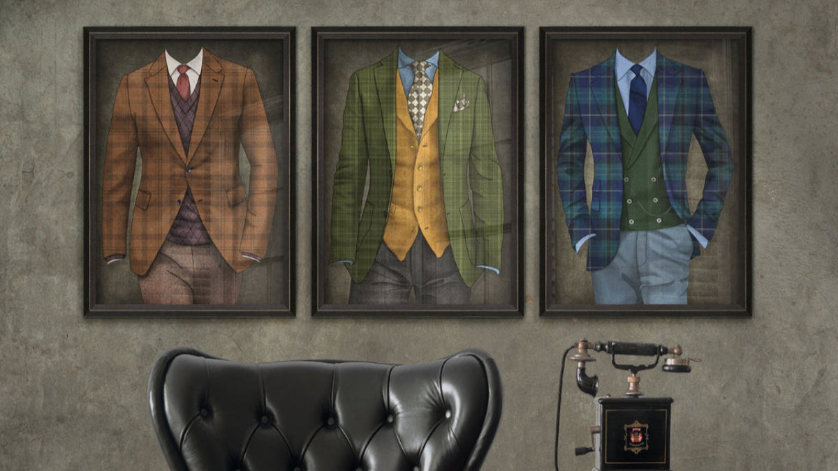 Three framed mens suits from Interior Mojo's Gentlemen's Collection on a wall with a black leather chair and vintage machine below.