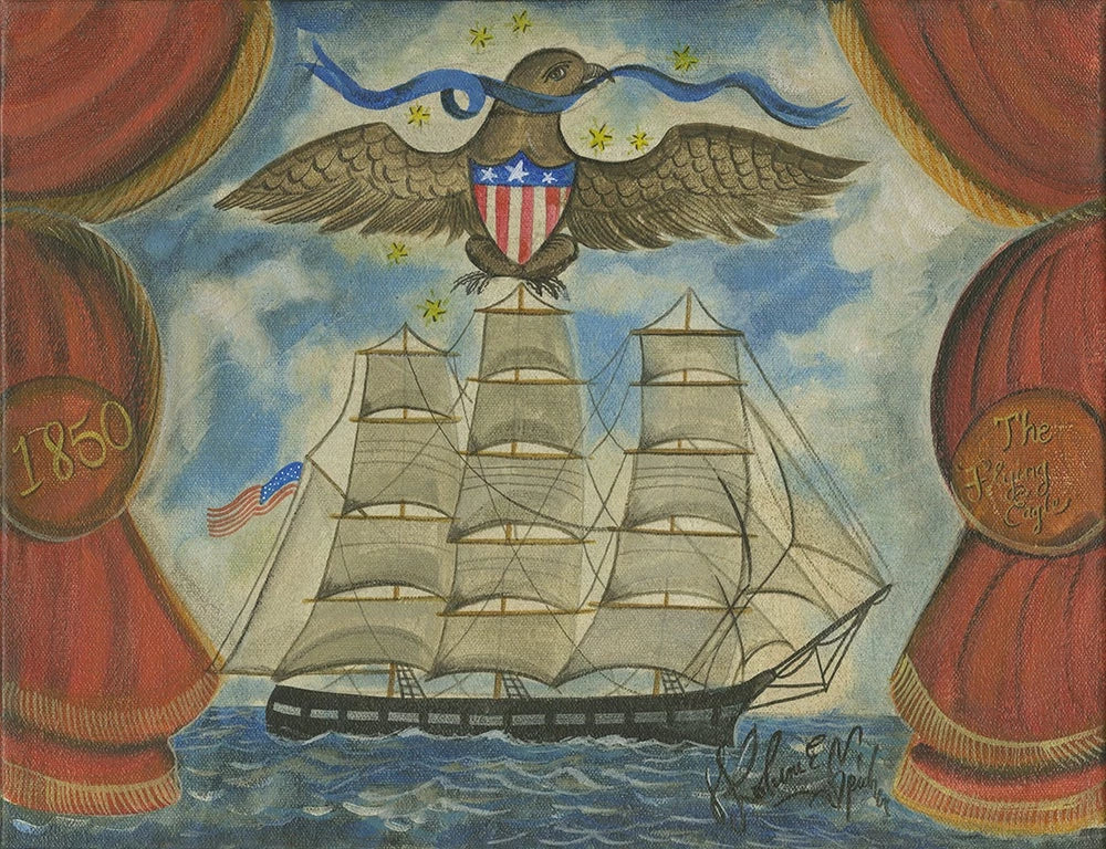The Flying Eagle, large 43 x 56 inches, signed by Kolene Spicher — heirloom-quality neuroaesthetic wall art, 1860 American sailing ship with patriotic eagle, made in USA | Interior Mojo