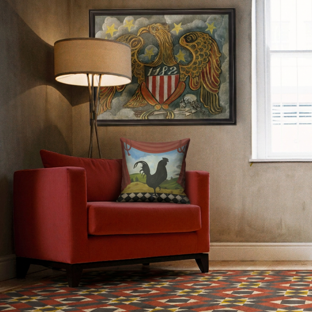 Interior Mojo's Designer Throw Pillow of a rooster, a vinyl rug, and a 1782 eagle art piece in a room setting