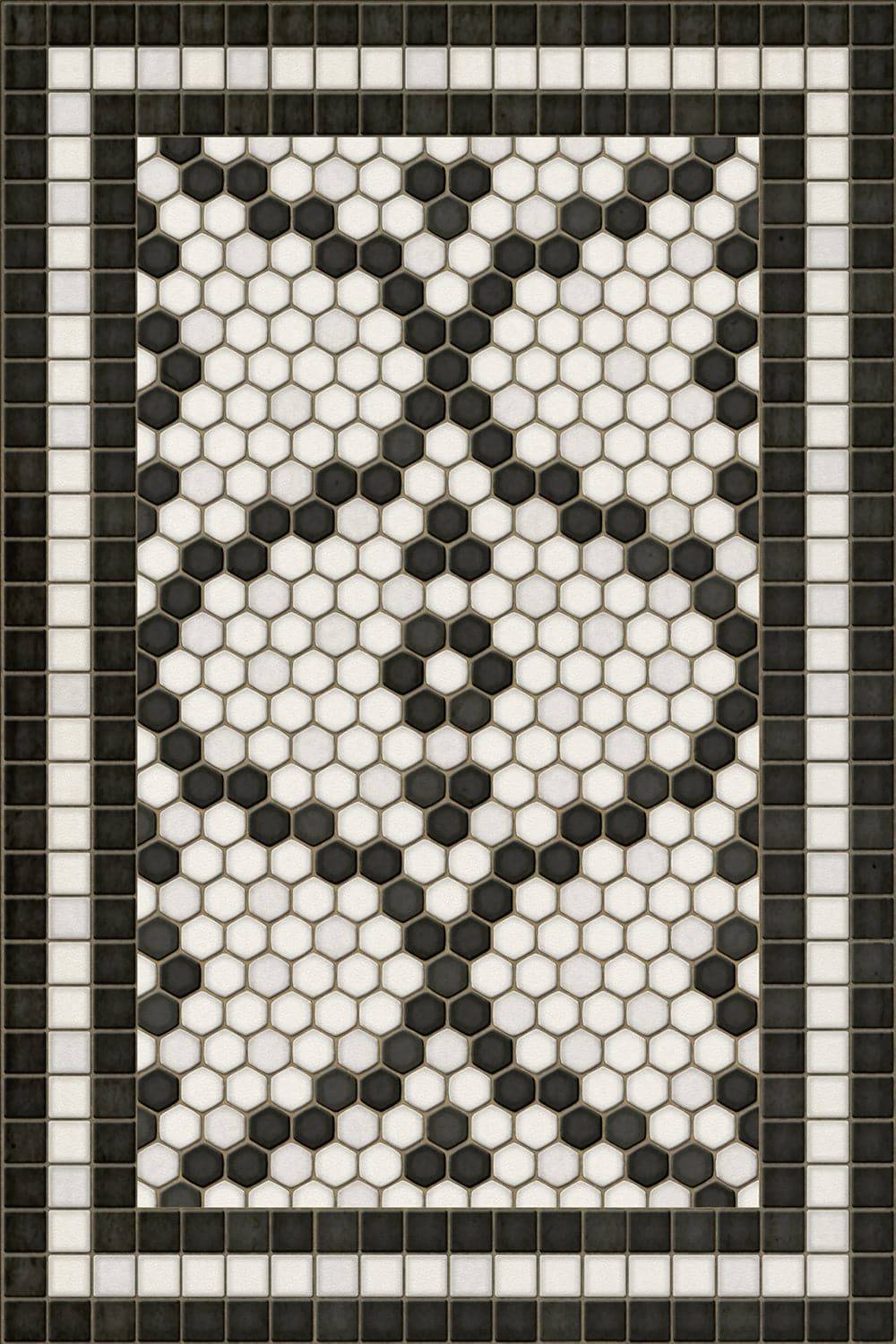 Mosaic F - Pelham Bay Park - Interior Mojo llc. Black and white washable rug in vinyl.