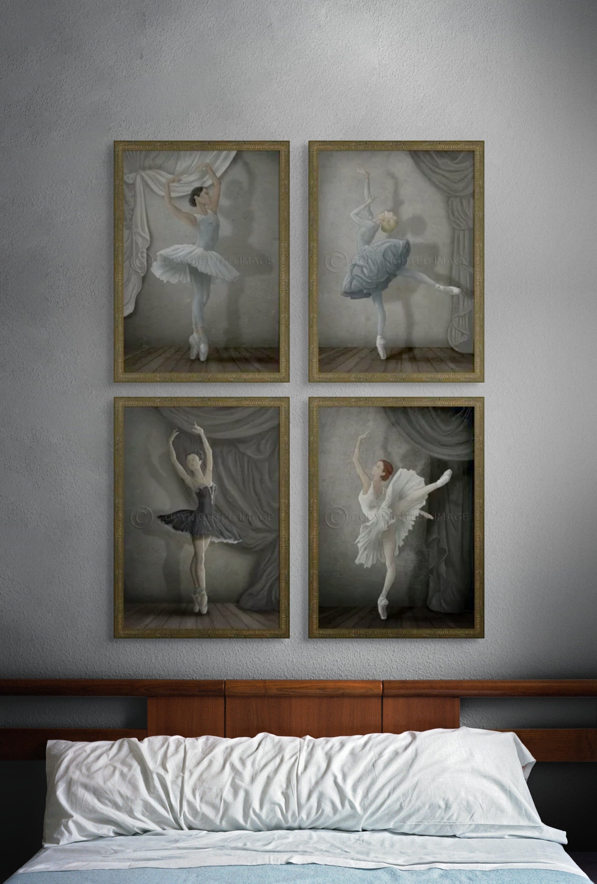 Collection of four Ballerina Artwork in muted grays, framed. Feminine, Graceful, Strong