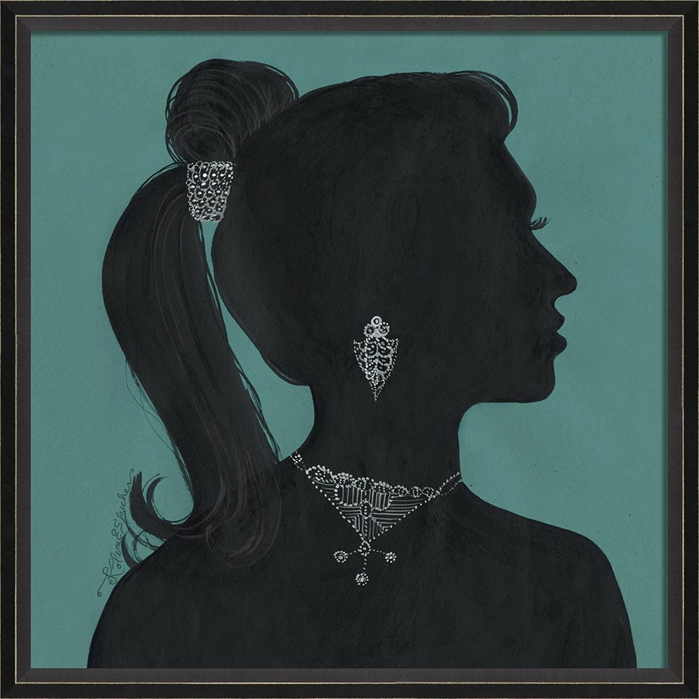 Lady Silhouette Art 01 - Black Profile with Bold Jewelry on blue - 25x25 Square Wall Decor