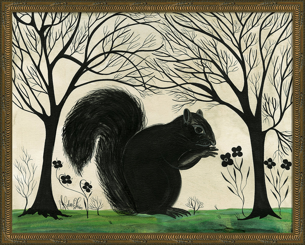 Squirrel Silhouette Art Signed Edition by Kolene Spicher - Black and white wildlife artwork featuring squirrel facing right, expertly framed and signed by renowned artist Kolene Spicher, Made in USA"