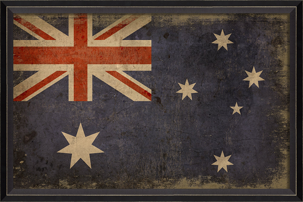 Australian Flag Art - Southern Cross framed wall art featuring vintage blue background with Union Jack and white stars constellation - Heritage gift celebrating Australian culture and Southern Hemisphere pride - Made in USA" interiormojollc.com

