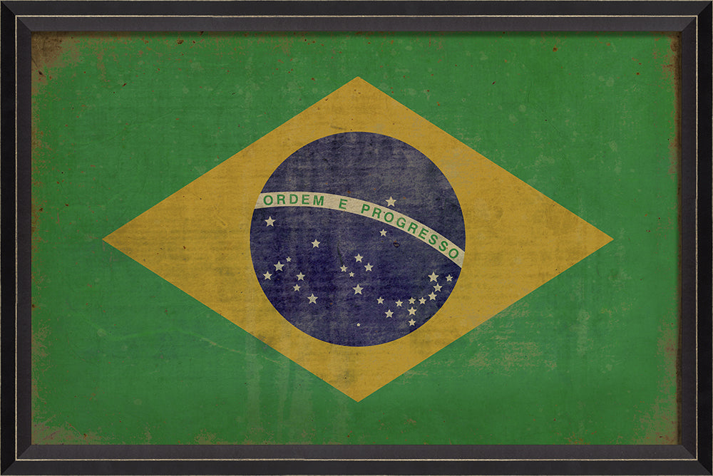 Brazilian Flag Art Ordem e Progresso presented with Interior Mojo - Framed wall art featuring vintage green field with yellow diamond, blue globe, and white stars - Heritage gift celebrating Brazilian culture and South American pride - Made in USA
