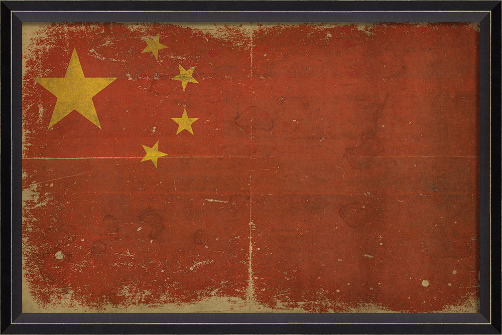 Chinese Flag Art Five Stars by Interior Mojo - Framed wall art featuring vintage red background with five vintage gold stars - Heritage gift celebrating Chinese culture and Asian pride - Made in USA
