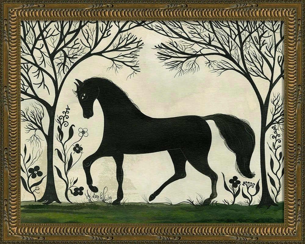 Horse Silhouette Art by Kolene Spicher - Black and white equestrian artwork featuring horse facing left, expertly framed and signed by renowned artist, Made in USA"