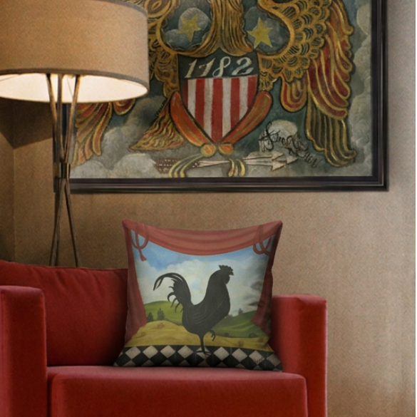 Interior Mojo's Designer Throw Pillow of a rooster, a vinyl rug, and a 1782 eagle art piece in a room setting
